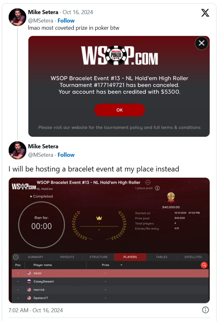 WSOP金手链含金量下降？一场线上赛因参赛人数不足取消