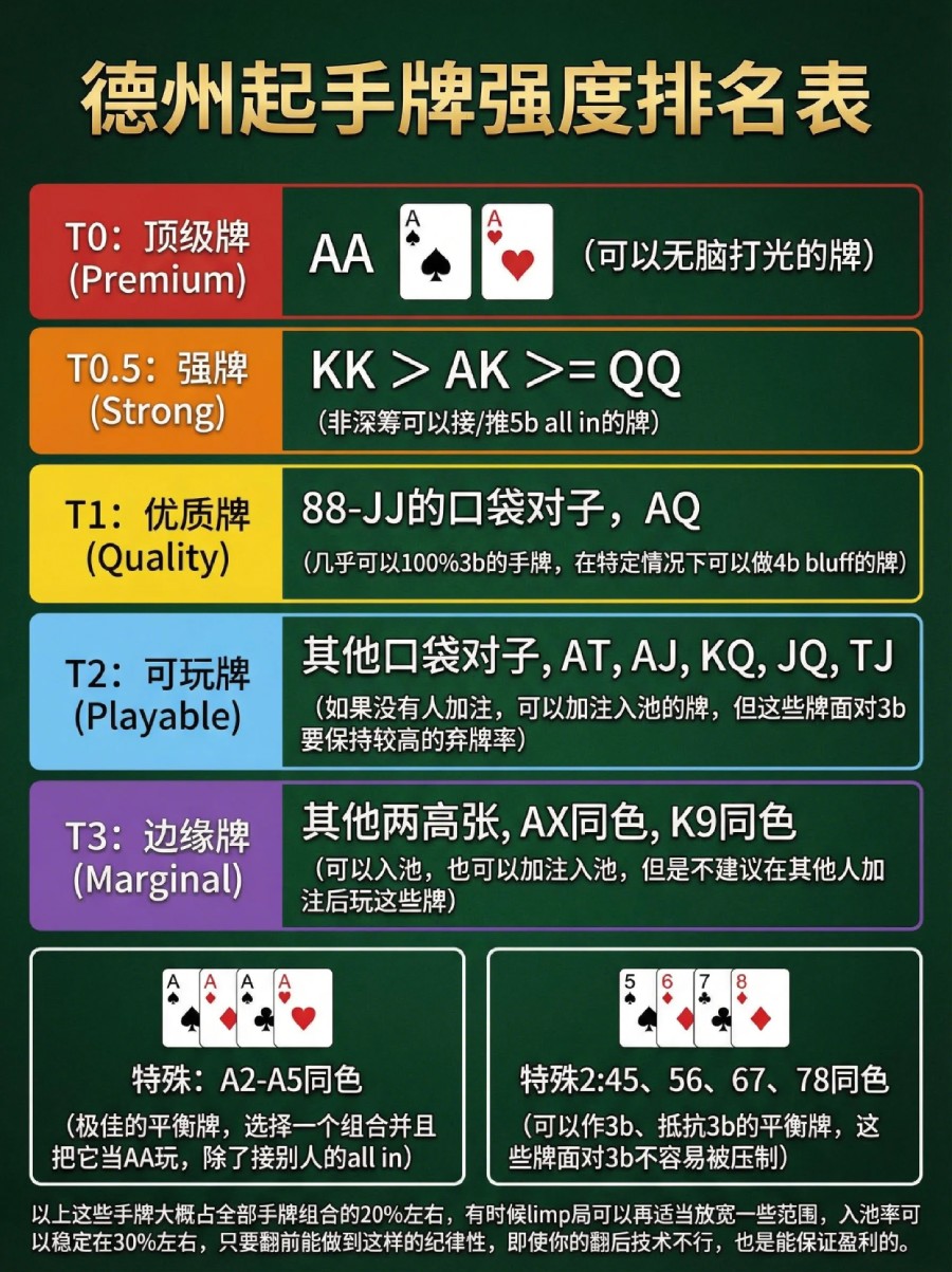 德州起手牌强度排名表,新手照着玩就能赢