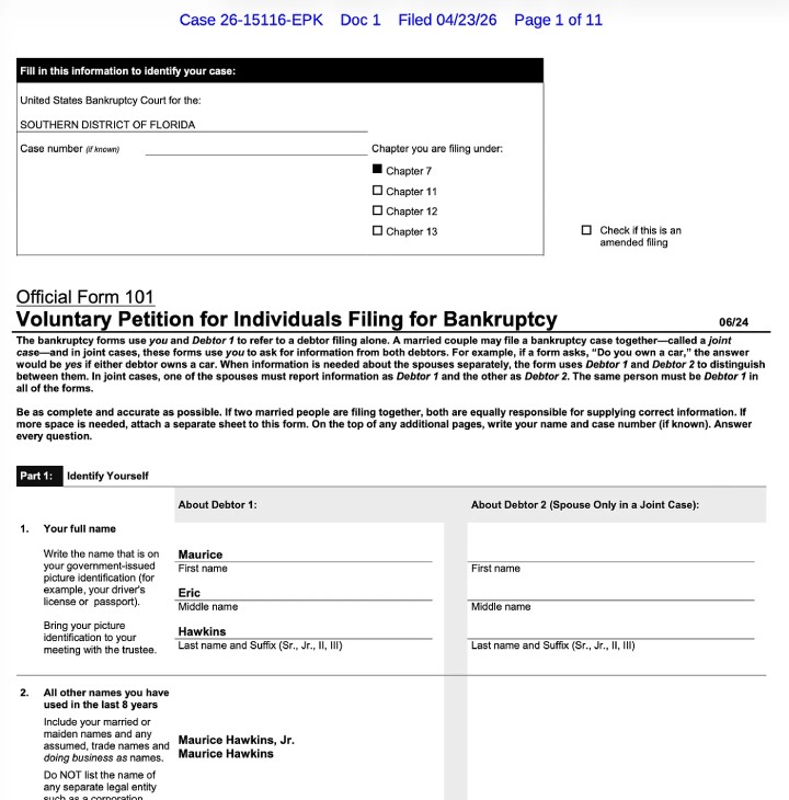 Hawkins申请破产文件