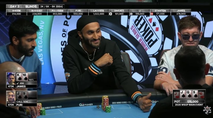 WSOP主赛J高葫芦撞上同花顺，能死里逃生吗？