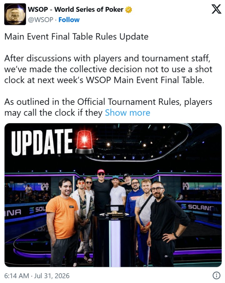 WSOP宣布：决赛桌取消行动计时器